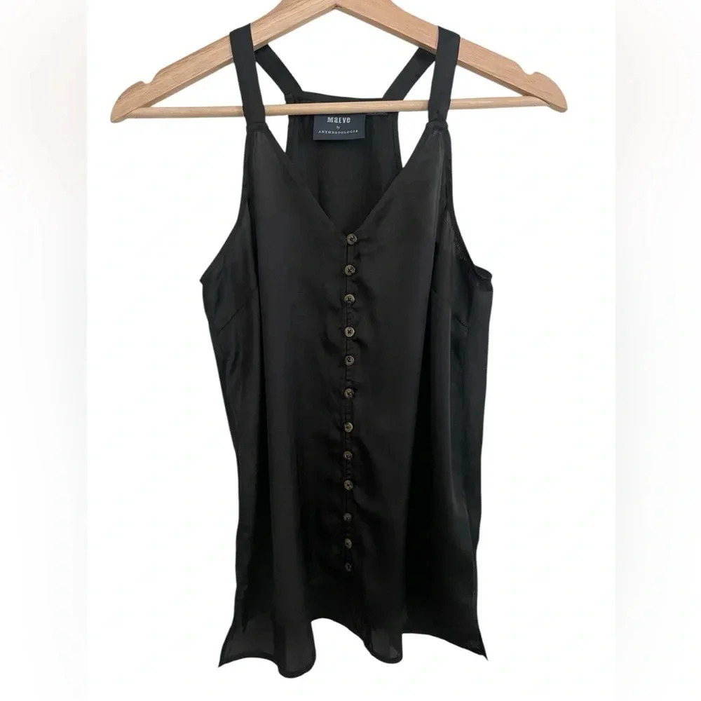 Maeve Anthropologie Black Satin Button Front Cami Top - Picture 2 of 8